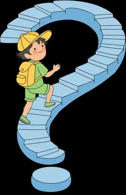 Boy with a backpack climbing a blue staircase curled into the shape of a question mark