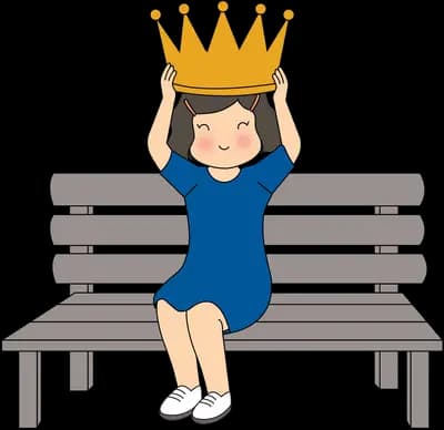 Girl in a blue dress sitting on a park bench lifting a golden crown onto her head