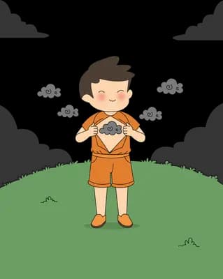 Boy in orange opening his shirt to show a grey cloud in his chest as more grey clouds hover around him