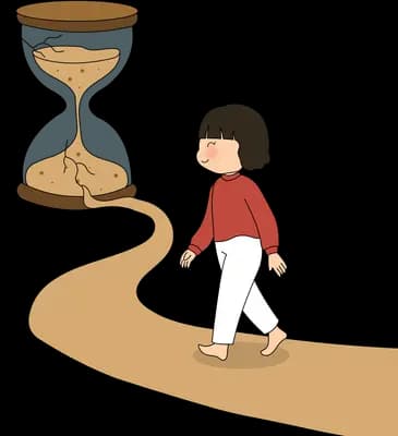 Girl in a red cape walking along a path of sand pouring out of a giant hourglass
