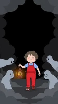 Girl in red dungarees standing in a small boat in thick grey fog holding up a lantern with a teddy bear beside her