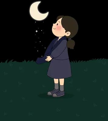 Girl in a school uniform looking up at a crescent moon in a dark sky holding a feather