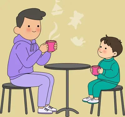 Man and boy sitting on stools at a small round table with a steaming cup between them