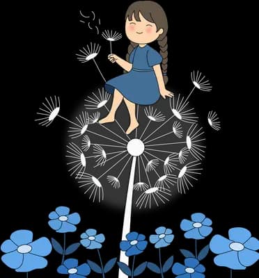 Girl in a blue dress balancing on the head of a giant pin above a bed of blue flowers