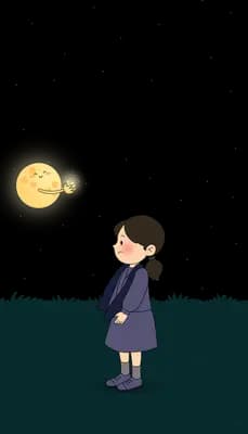 Small girl standing on a dark green field looking up at a tiny smiling moon