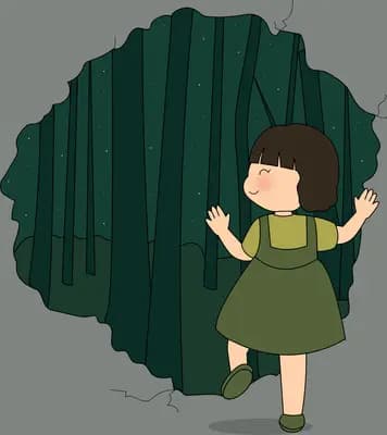 Small girl in a green dress running across a flat empty grey panel