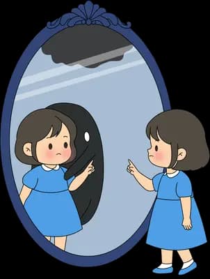 Girl in a blue dress reaching out to her reflection in an oval mirror with a dark shape behind
