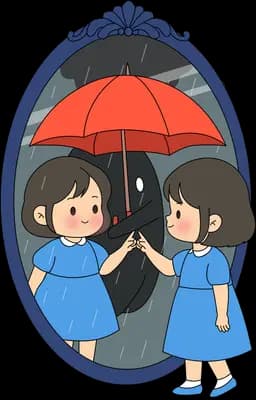 Girl at an oval mirror where her reflection holds a red umbrella in grey rain