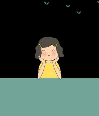 Girl in yellow seen from behind over a teal panel with a small grey scribble and a few green sprouts above her head