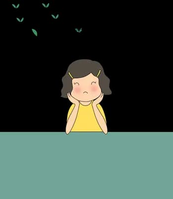 Girl in yellow seen from behind over a teal panel with green sprouts scattering above her head