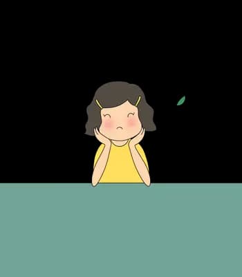 Girl in yellow seen from behind over a teal panel with a big grey scribble raining above her head