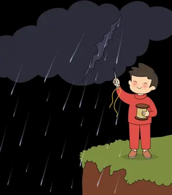 Child in a red raincoat holding a yellow umbrella on a grassy ledge under a black cloud pouring rain