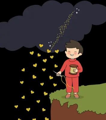 Child in a red raincoat under a black cloud raining golden hearts