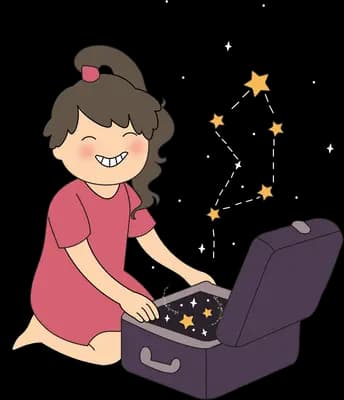 Girl with a red ribbon kneeling to open a purple suitcase as insects flutter out