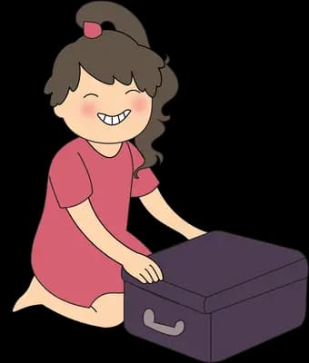 Girl with a red scarf pressing a purple suitcase shut