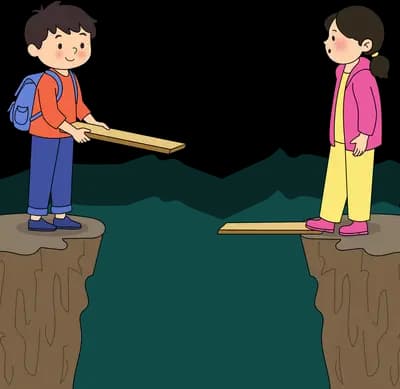 Boy and girl standing on opposite cliffs laying a plank across the water gap