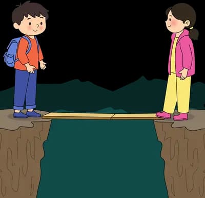 Girl crouching to set a plank bridge between two cliffs while a boy waits