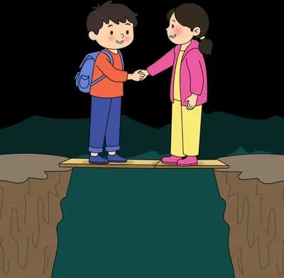 Boy and girl reaching hands across a plank bridge over a water gap