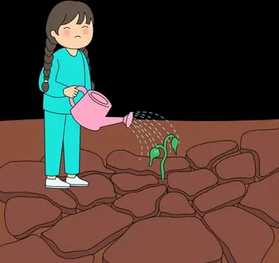 Girl in teal watering a tiny seedling in rocky brown soil