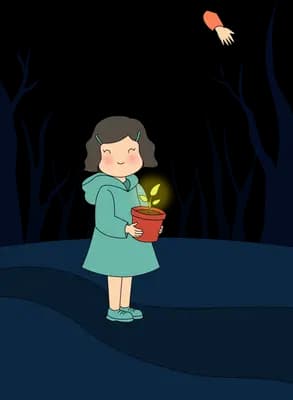 Girl in a teal dress carrying a potted flower through a bleak landscape of bare trees