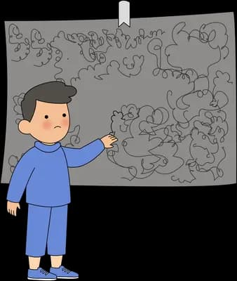 Boy in blue pyjamas facing a large hanging grey poster covered in scribbles