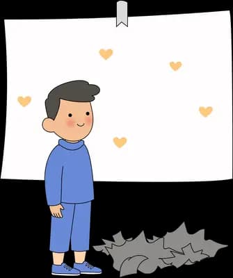 Boy in blue standing before a blank white poster with torn scraps at his feet