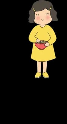 Woman in a yellow dress holding a red bowl with roots spreading from her feet