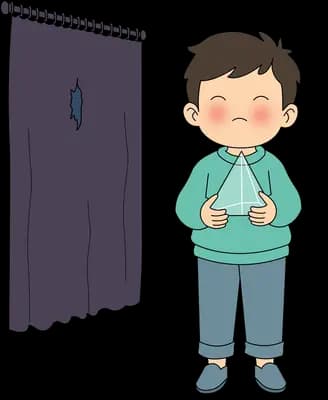 Boy in a green hoodie standing beside a heavy closed dark curtain