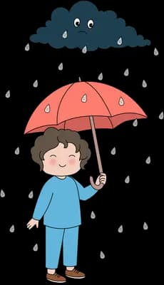 Boy in blue holding a red umbrella under a dark rain cloud