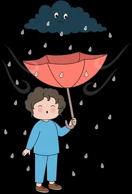 Boy tilting a red umbrella against rain from a dark cloud