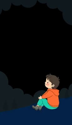 Boy in orange sitting alone on a dark ledge in a misty snowy landscape