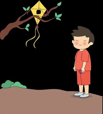 Boy in red looking up at his kite caught in a tree branch