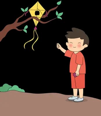 Boy in red tugging the string of a kite caught in a branch