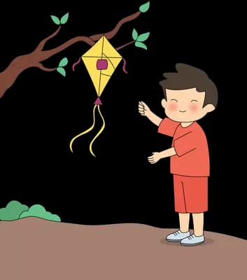 Boy in red holding his recovered kite below the branch