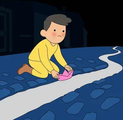 Boy in yellow kneeling on a grey pavement setting a pink paper boat on stepping stones