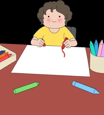 Woman at a red desk staring at a blank sheet of paper beside crayons