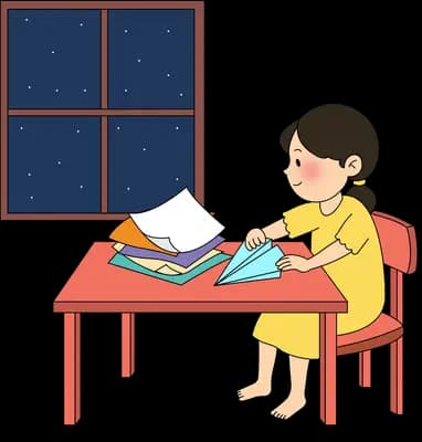 Woman at a red desk creasing a blue paper plane under a night window