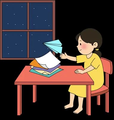 Woman holding up a finished blue paper plane at her desk