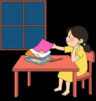 Woman in yellow at a red desk holding a pink paper by a night window