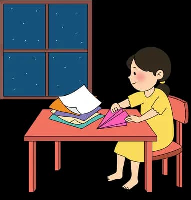 Woman folding a pink paper shape at her desk under a night window
