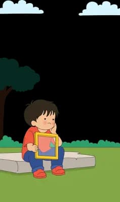 Boy in red sitting on a stone block on grass holding a yellow picture frame