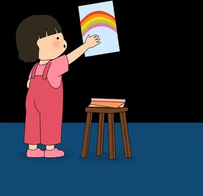 Girl in pink pinning a rainbow drawing over the monster shadow on the wall