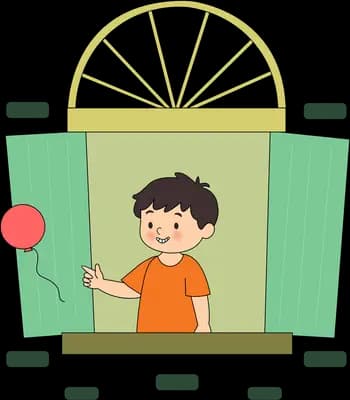 Boy at a green shuttered window watching a red balloon float away