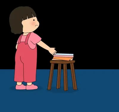 Girl in pink standing at a stool of books before a looming grey monster shadow