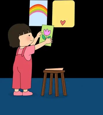 Girl pinning up rainbow, heart and tulip drawings that hide the shadow