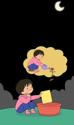 Girl in pink at a red basin with a yellow cloth imagining a bird, under a crescent moon