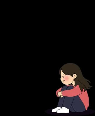 Girl in a red top crouching alone in the falling rain
