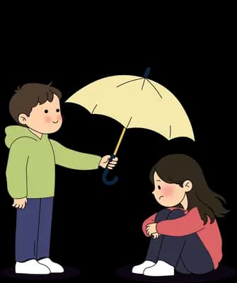 Boy in a green jacket holding a yellow umbrella over a crouching girl in the rain