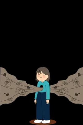 Girl in teal standing between two dark rock walls closing in around her
