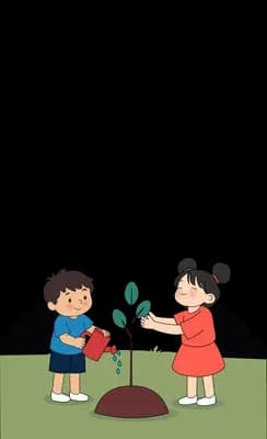 Boy watering a sapling on a soil mound while a girl in red steadies it